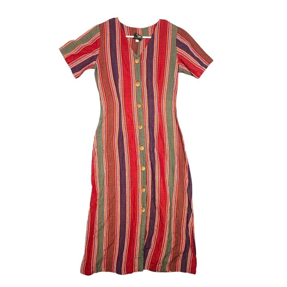 Pue-si Handwoven Cotton Stripe Midi Dress Womens XS Made in Guatemala Boho Red